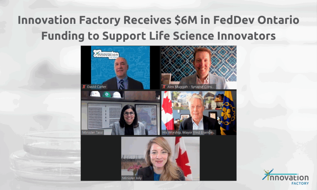 David Carter (CEO, Innovation Factory), Alex Muggah (Director, Synapse Consortium), Minister Tassi, Fred Eisenberg, Minister Joly during a zoom call