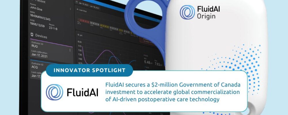 FluidAI secures a $2-million Government of Canada investment to accelerate global commercialization of AI-driven postoperative care technology Background image of FluidAI Origin, a novel sensing device that provides real-time pH monitoring. Origin™ data can seamlessly integrate into Stream™ Care alongside trends patients' health record data.