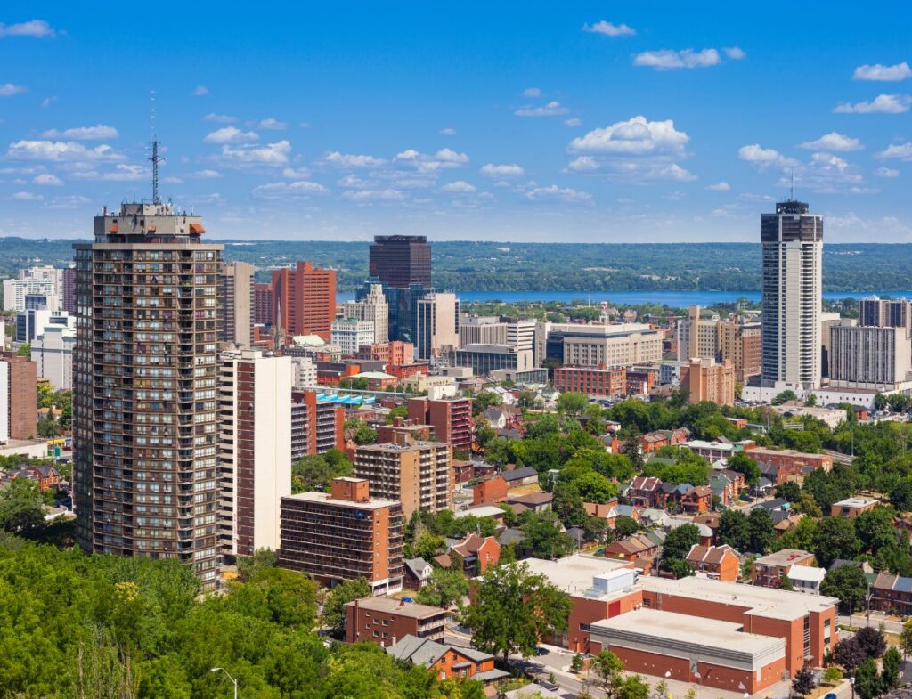 Hamilton Ontario skyline of downtown business district during a bright sunny day.