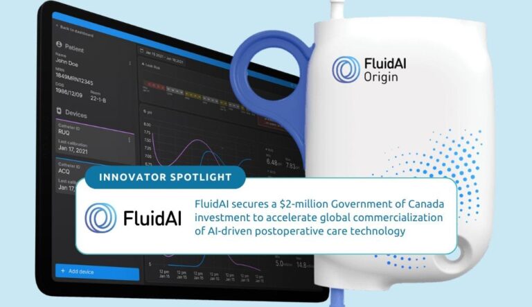FluidAI secures a $2-million Government of Canada investment to accelerate global commercialization of AI-driven postoperative care technology Background image of FluidAI Origin, a novel sensing device that provides real-time pH monitoring. Origin™ data can seamlessly integrate into Stream™ Care alongside trends patients' health record data.