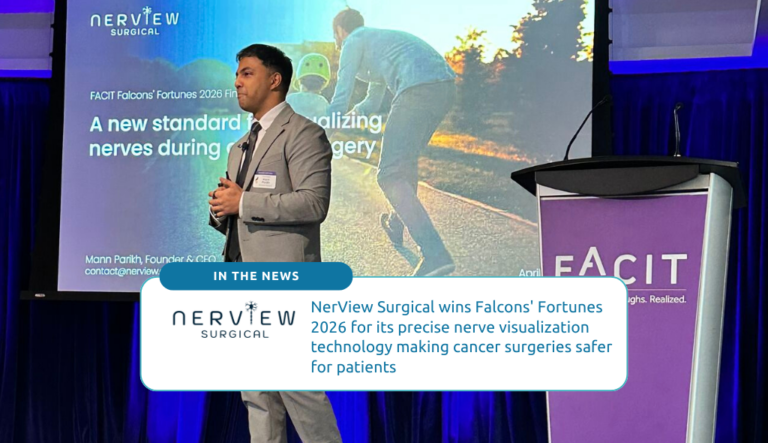 Mann Parikh, Founder and CEO of NerView Surgical, pitching at FACIT's Falcons' Fortunes 2026 pitch competition